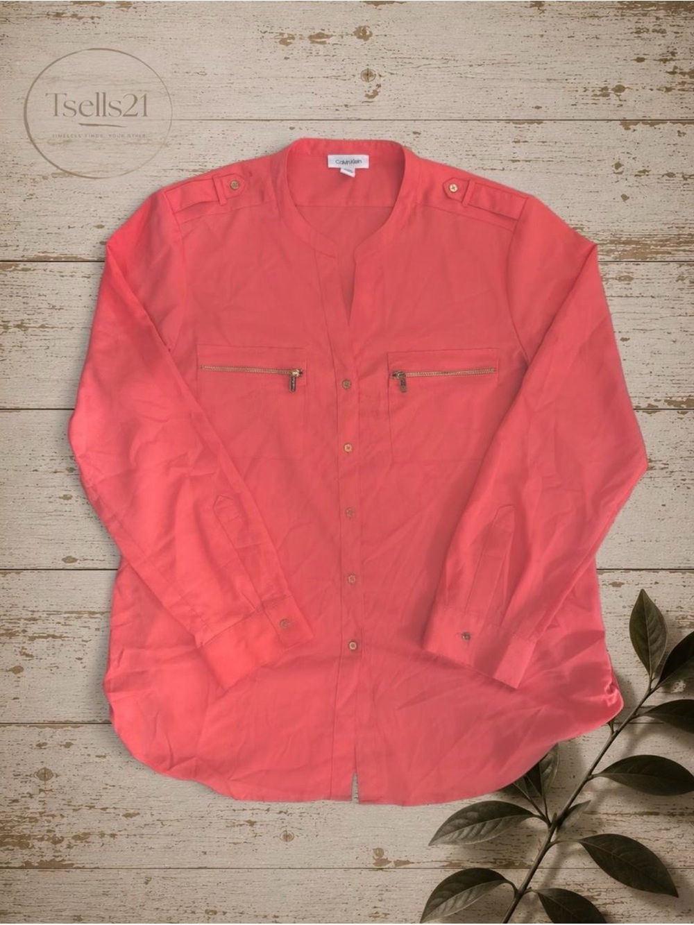Calvin Klein Coral Pink Utility Blouse with Gold Zip Pockets - Size XL